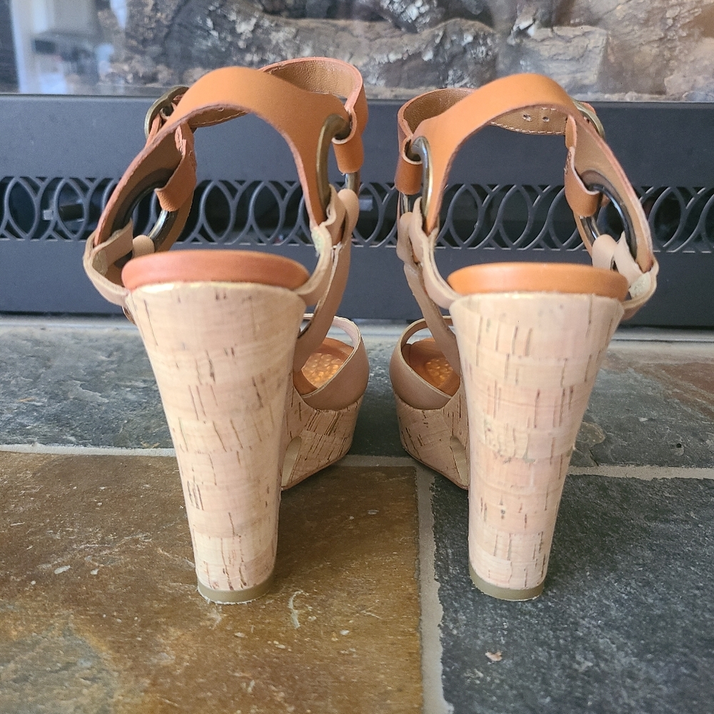 Lola Cruz Brown Leather and Cork Strappy Peep Toe Wedge Heels Size 36/US sz 6 - Picture 9 of 10